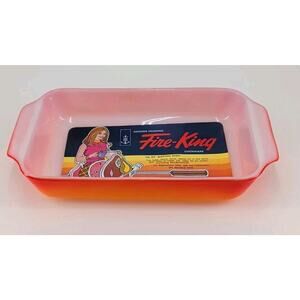 Vtg Fire King 432 Anchor Hocking 1.5 Qt Red Orange Ombre Baking Dish NOS Label